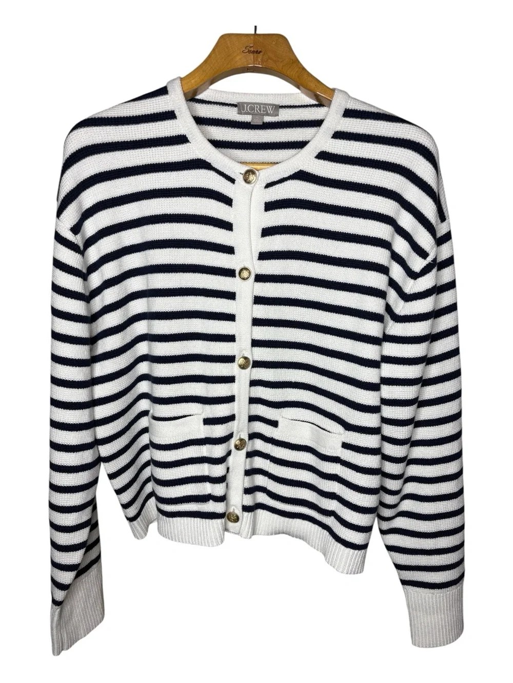 J. Crew Relaxed Emilie Sweater Lady Jacket Natural Navy Stripe Cardigan XL Boxy - Picture 3 of 10